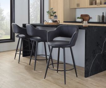 Margarite 26" Contemporary Fixed-Height Counter Stool with Swivel in Matte Black Metal and Black Faux Leather with Round Black Metal Footrest by LumiS